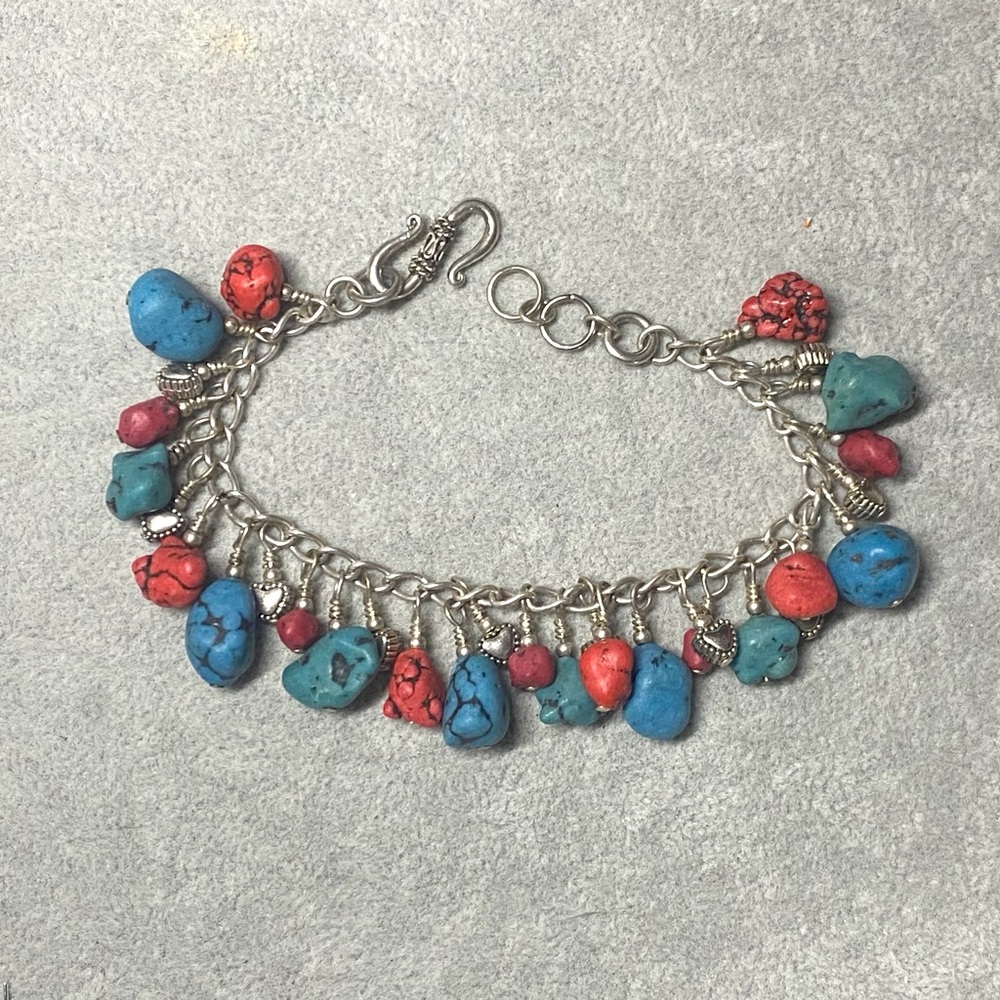 Southwest Spirit Turquoise & Coral Colored Howlite Charm Bracelet - Picture 2 of 2